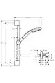 Brausesystem mit Thermostat, Brausestange und Handbrause. Entwurf zeigt technische Maße und Anpassungen, dezent im chromfarbigen Design von Hansgrohe.